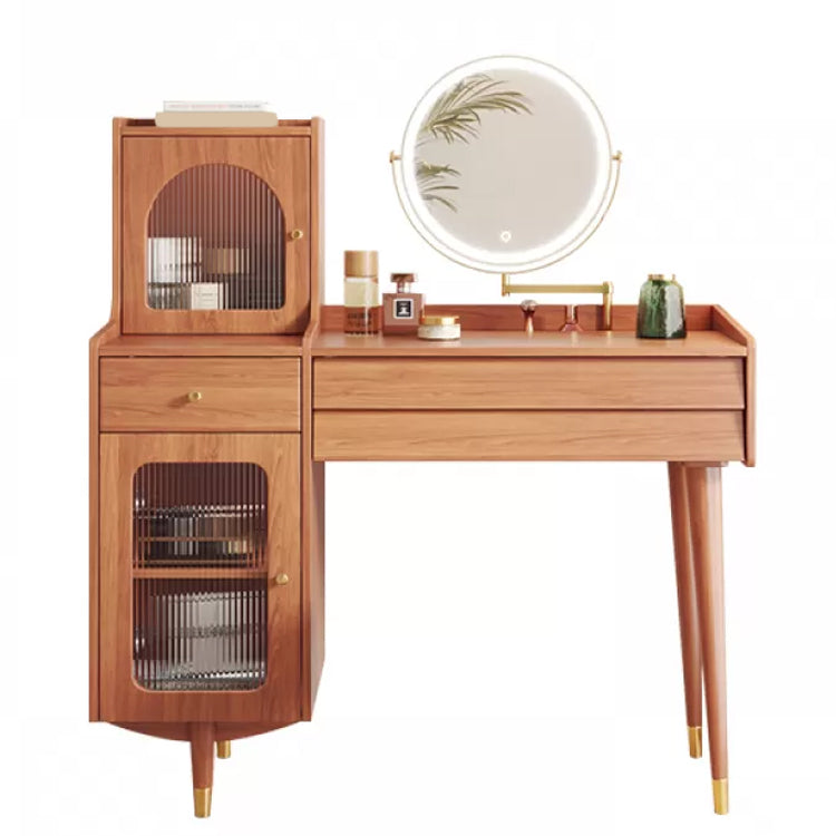 Scandinavian Solid Wood Table Makeup Vanity with Drawers for Bedroom Makeup Vanity & Mirror Natural Left Clearhalo 'Bedroom Furniture' 'furn' 'furn_makeup_vanities' 'Furniture' 'Makeup Vanities' 'makeup_vanities' 7417611