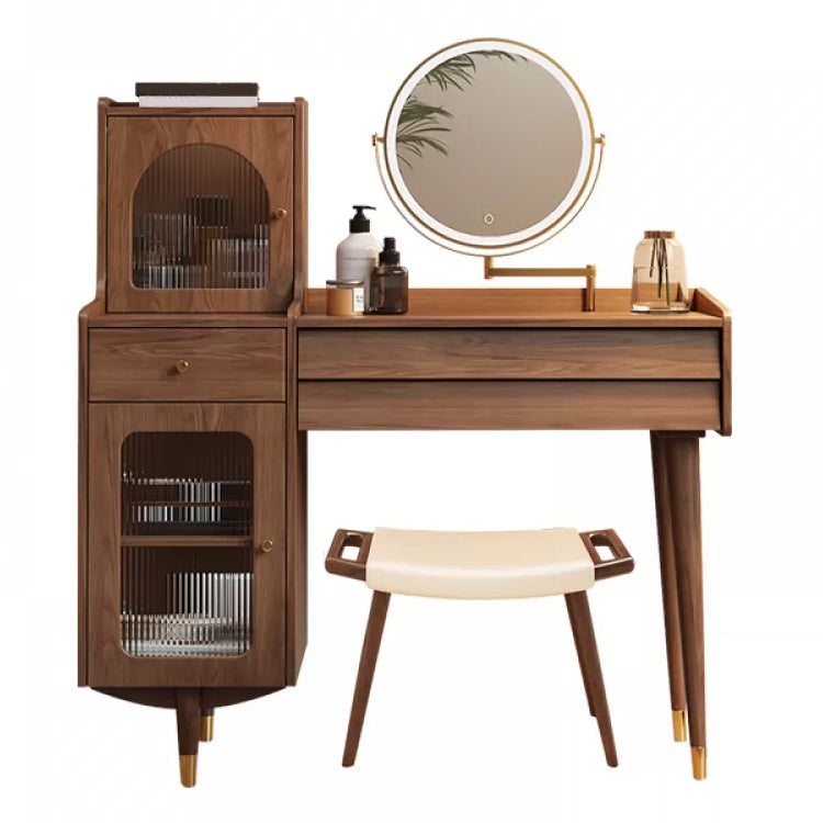 Scandinavian Solid Wood Table Makeup Vanity with Drawers for Bedroom Makeup Vanity & Mirror & Stools Brown Left Clearhalo 'Bedroom Furniture' 'furn' 'furn_makeup_vanities' 'Furniture' 'Makeup Vanities' 'makeup_vanities' 7417614