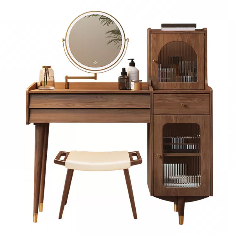 Scandinavian Solid Wood Table Makeup Vanity with Drawers for Bedroom Makeup Vanity & Mirror & Stools Brown Right Clearhalo 'Bedroom Furniture' 'furn' 'furn_makeup_vanities' 'Furniture' 'Makeup Vanities' 'makeup_vanities' 7417616