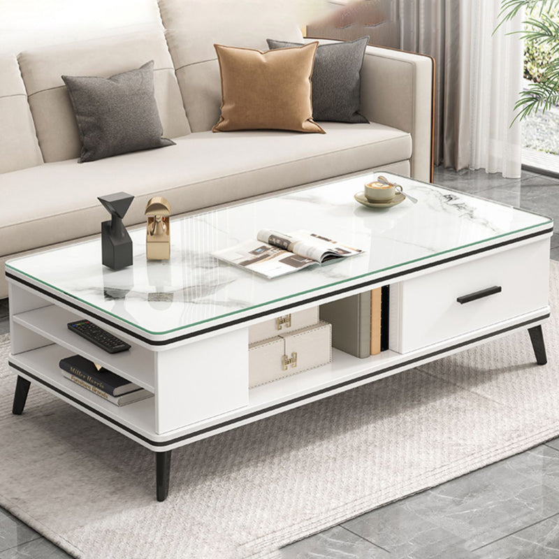 Single Coffee Table 4 Legs Rectangle Cocktail Table with Shelf and Drawer