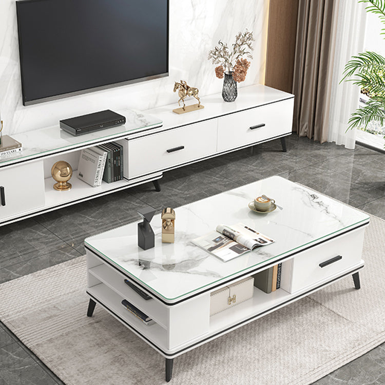 Single Coffee Table 4 Legs Rectangle Cocktail Table with Shelf and Drawer