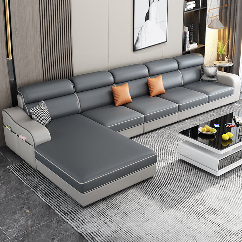 31.49" Tall Grey Sectional Sofa Faux Leather/Linen Flared Arm Modular Sofa Clearhalo 'furn' 'furn_sectionals' 'Furniture' 'Living Room Furniture' 'Sectionals' 7421110
