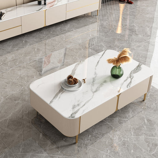 2 Drawers Rectangular Slate Top Coffee Table 4 Legs Cocktail Table