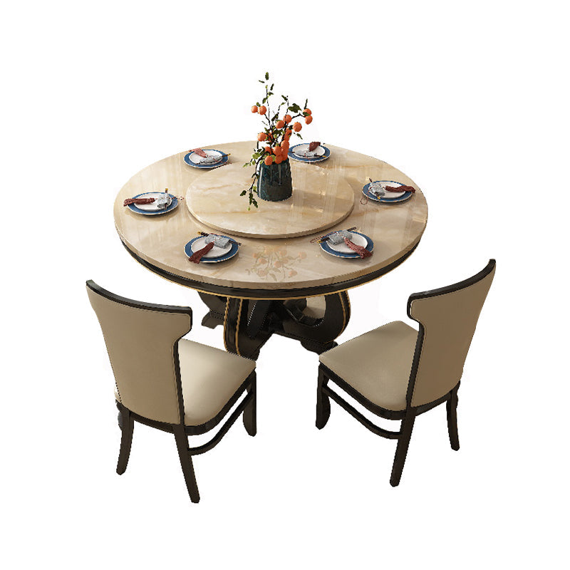 Eetkamertafel van imitatiemarmer, ronde eettafel met bruine basis voor de keuken