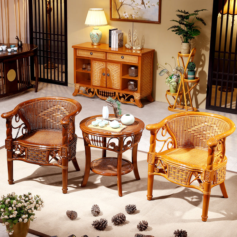 Traditional Dining Chair Rattan Solid Wood Base Arm Chair for Home Use