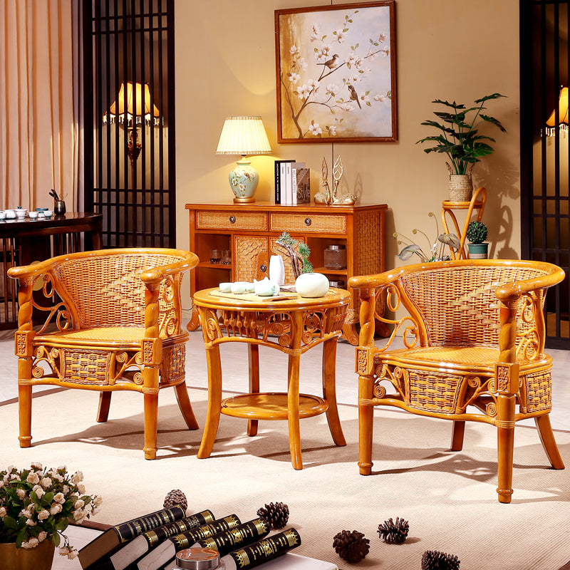 Traditional Dining Chair Rattan Solid Wood Base Arm Chair for Home Use