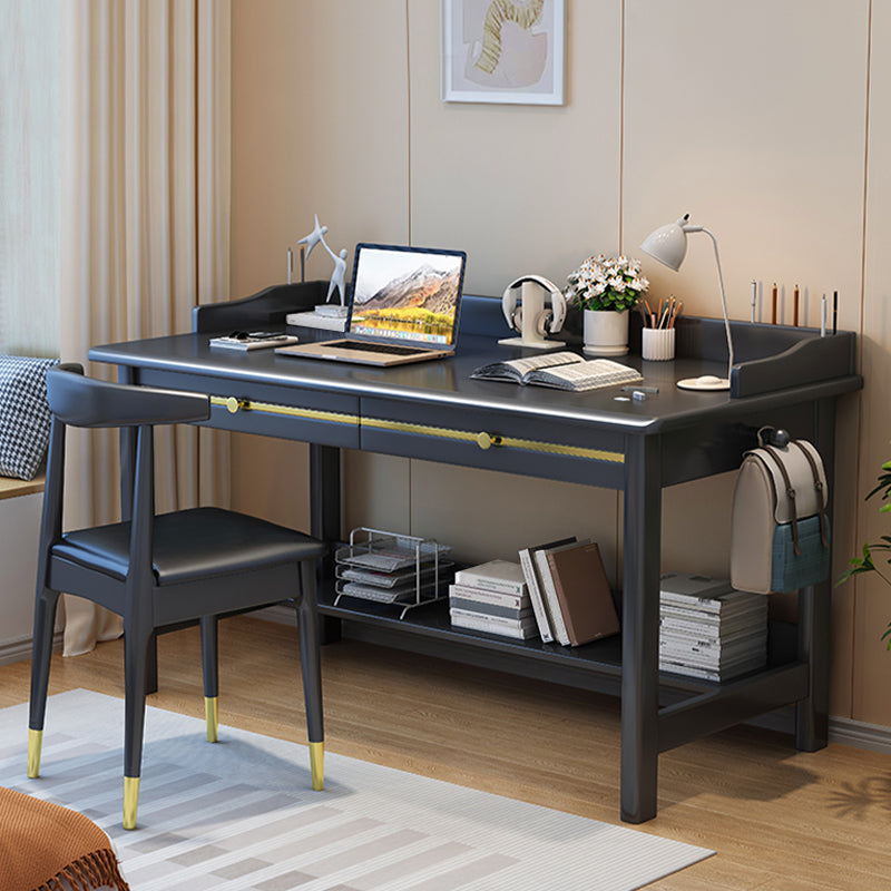 Bedroom Writing Desk Solid Wood Glam Computer Desk with Shelf , 29.5 Inch High Black Clearhalo 'furn' 'furn_office_desk' 'Furniture' 'Office Desks' 'Office Furniture' 'office_desk' 7428477