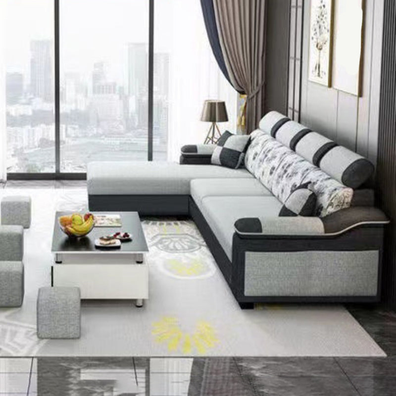 33.46" Tall Grey Sectional Sofa Faux Leather/Linen Flared Arm Modular Sofa