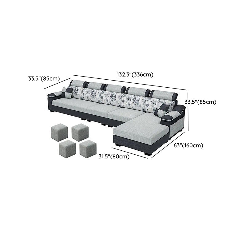 33.46" Tall Grey Sectional Sofa Faux Leather/Linen Flared Arm Modular Sofa
