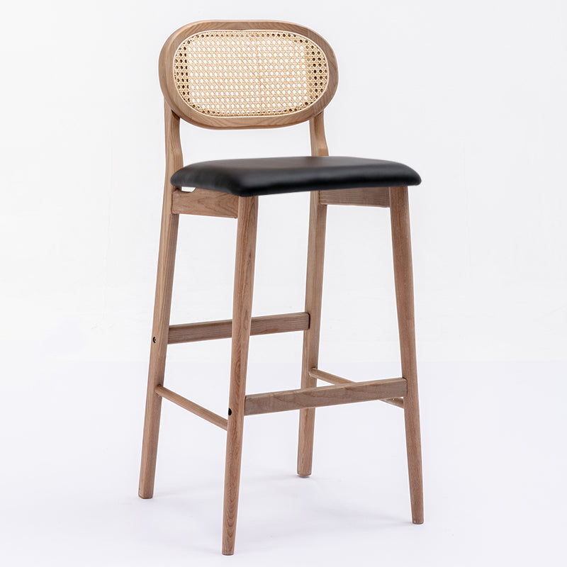 Contemporary Ash Wood Bar Stools Indoor Rattan Low Back Stool