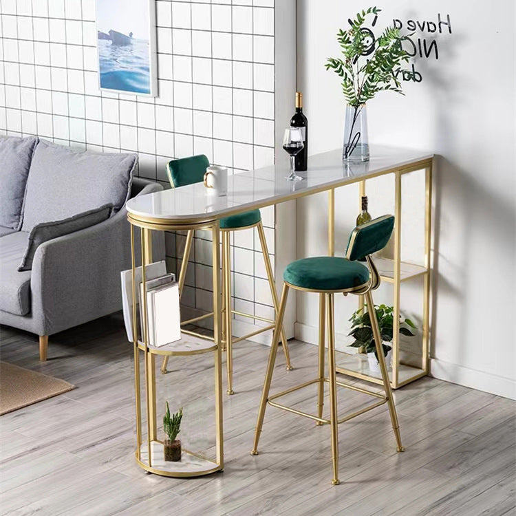 Glam Style Bistro Set 1/2/3 Pieces Stone Bar table with Upholstered Stools Table & Chair(s) 63"L x 15.7"W x 41.3"H White-Gold Clearhalo 'Bar Furniture' 'furn' 'furn_home_bar_bar_sets' 'Furniture' 'Home Bars & Bar Sets' 'home_bar_bar_sets' 'Kitchen & Dining Furniture' 7436607