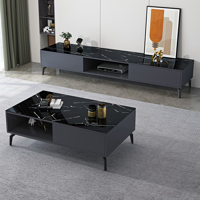 Glam TV Console Stone Media Console Black/White Open Storage Console Clearhalo 'furn' 'furn_tv_stands_entertainment_centers' 'Furniture' 'Living Room Furniture' 'TV Stands & Entertainment Centers' 'TV Stands & Media Storage Furniture' 'tv_stands_entertainment_centers' 7437119