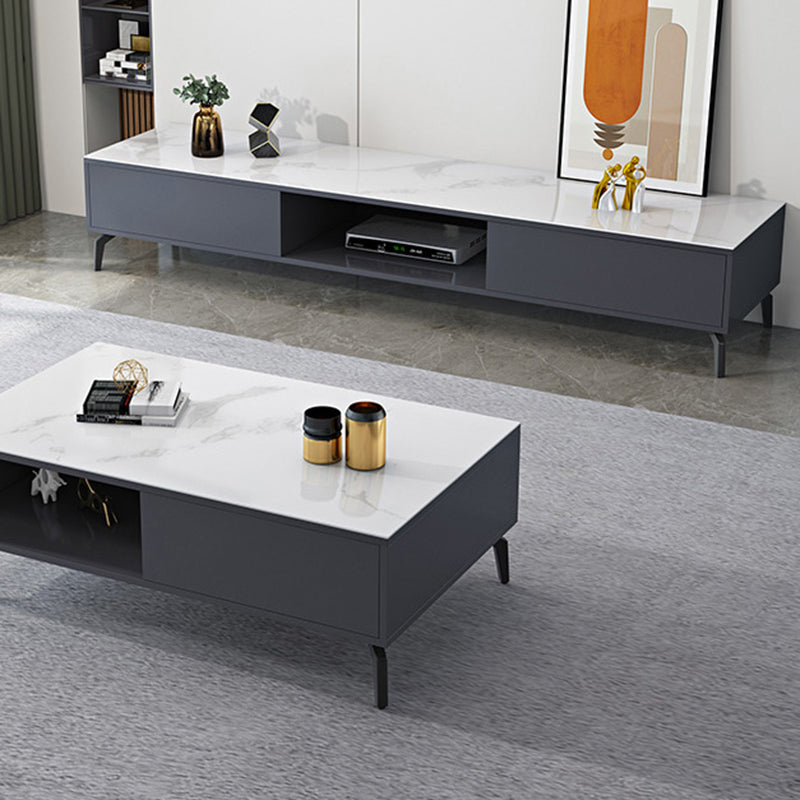 Glam TV Console Stone Media Console Black/White Open Storage Console Clearhalo 'furn' 'furn_tv_stands_entertainment_centers' 'Furniture' 'Living Room Furniture' 'TV Stands & Entertainment Centers' 'TV Stands & Media Storage Furniture' 'tv_stands_entertainment_centers' 7437121