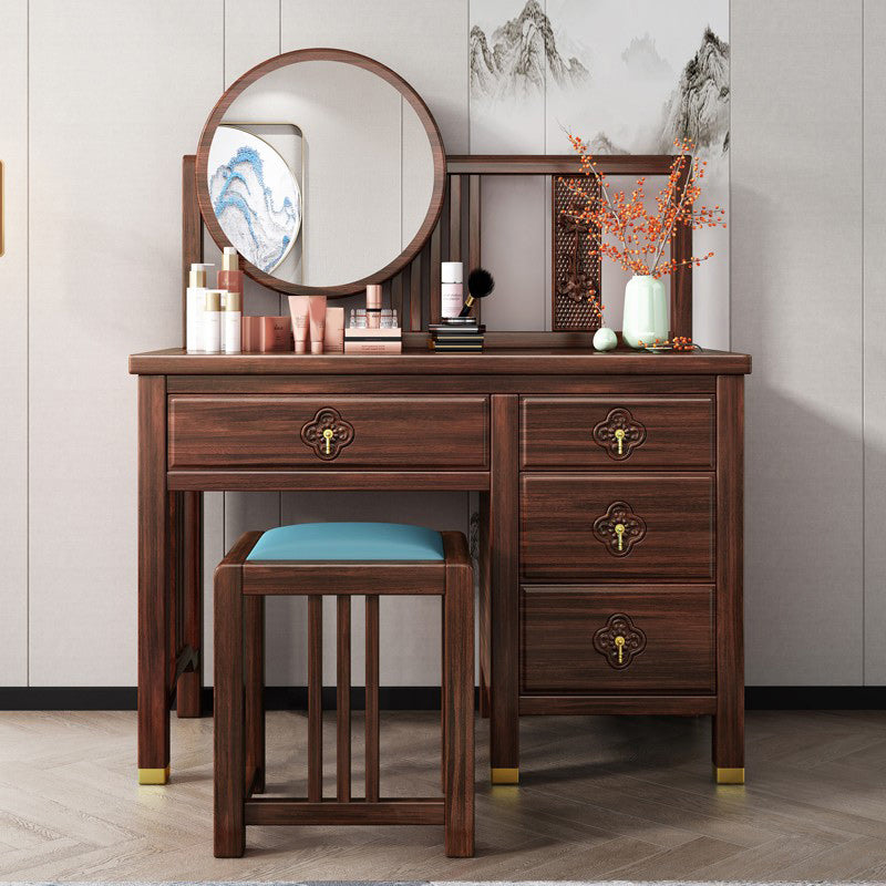 Traditional 4-Drawer Brown Solid Wood Dressing Table with Mirror Makeup Vanity Stool