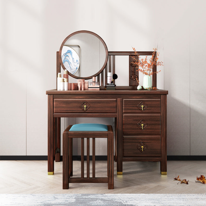 Traditional 4-Drawer Brown Solid Wood Dressing Table with Mirror Makeup Vanity Stool
