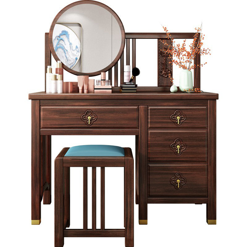 Traditional 4-Drawer Brown Solid Wood Dressing Table with Mirror Makeup Vanity Stool