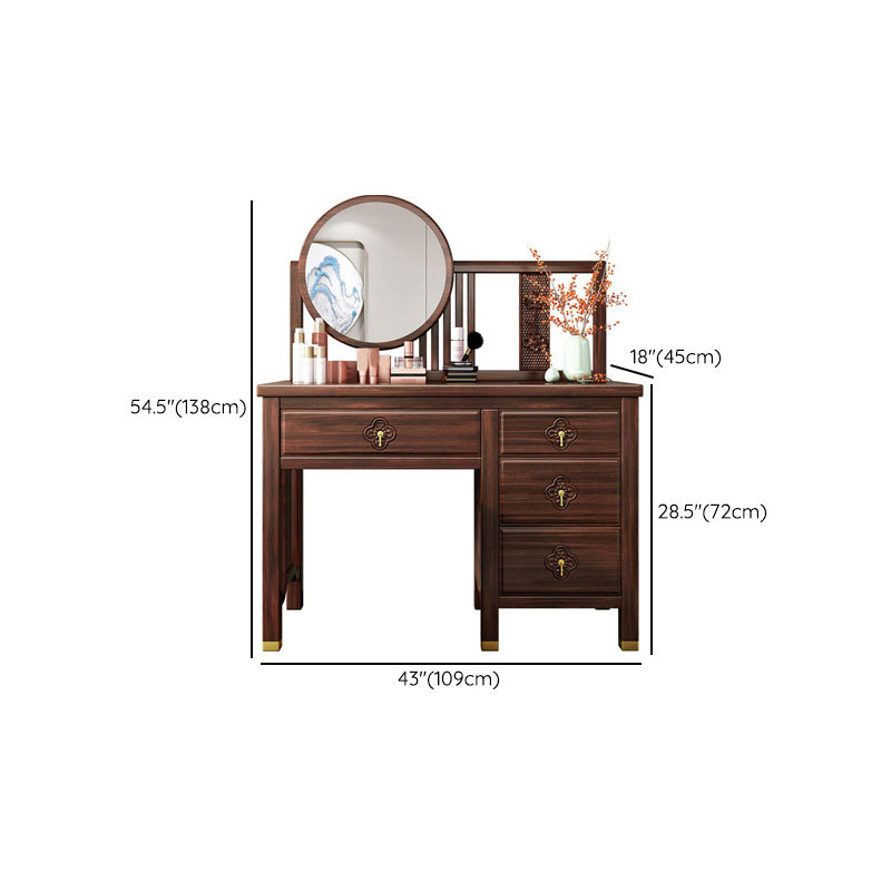 Traditional 4-Drawer Brown Solid Wood Dressing Table with Mirror Makeup Vanity Stool