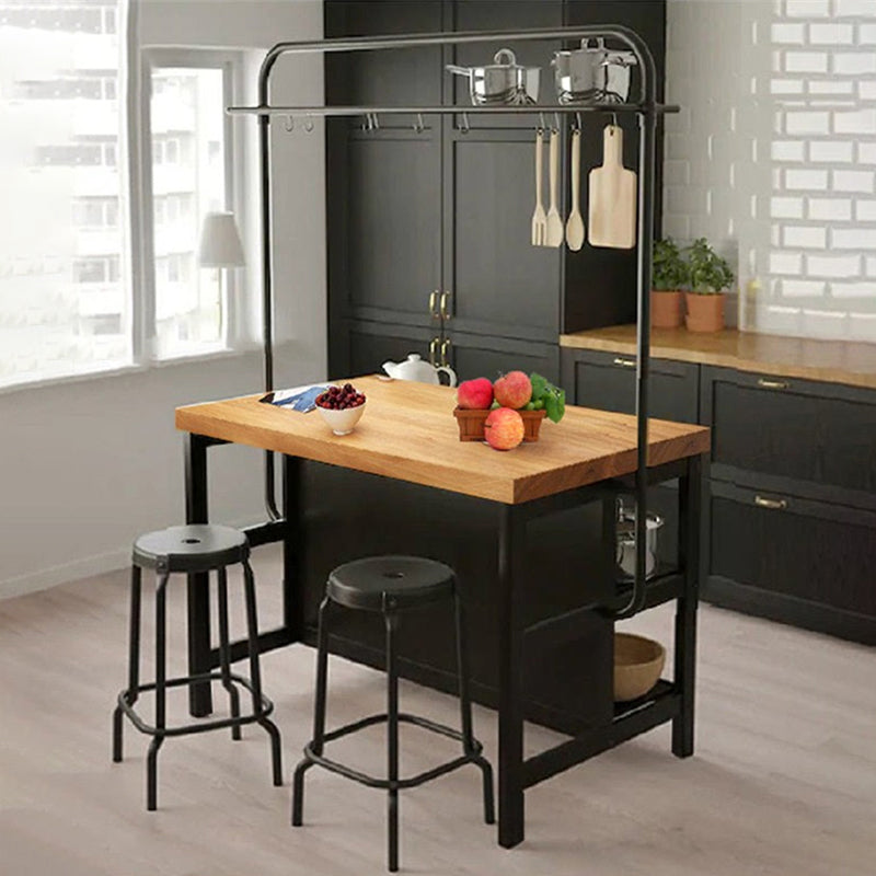 Wood Prep Table with Metal Base Rectangle Island Table for Kitchen