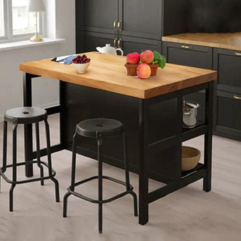 Wood Prep Table with Metal Base Rectangle Island Table for Kitchen