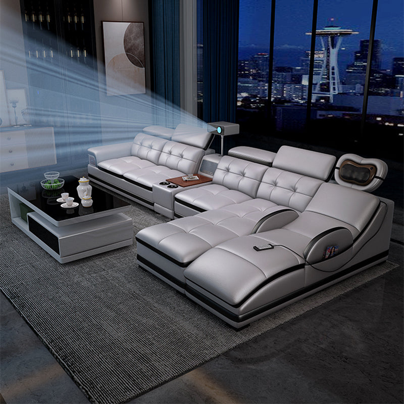 Modern Tufted Power Sectional & Chaise Gray Genuine Leather Sectional Sofa with Storage