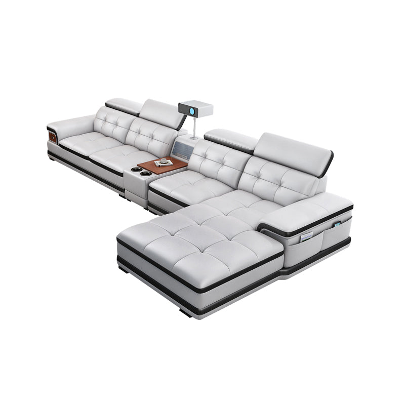 Modern Tufted Power Sectional & Chaise Gray Genuine Leather Sectional Sofa with Storage