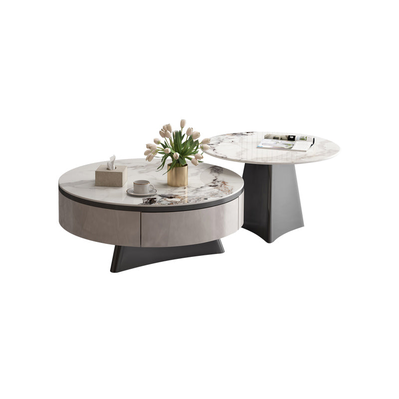 Round Slate Coffee Cocktail Table Pedestal Coffee or End Table with Storage Black Drawers Included Clearhalo 'Coffee & Accent Tables' 'Coffee Tables' 'coffee_tables' 'furn' 'furn_coffee_tables' 'Furniture' 'Living Room Furniture' 7446082