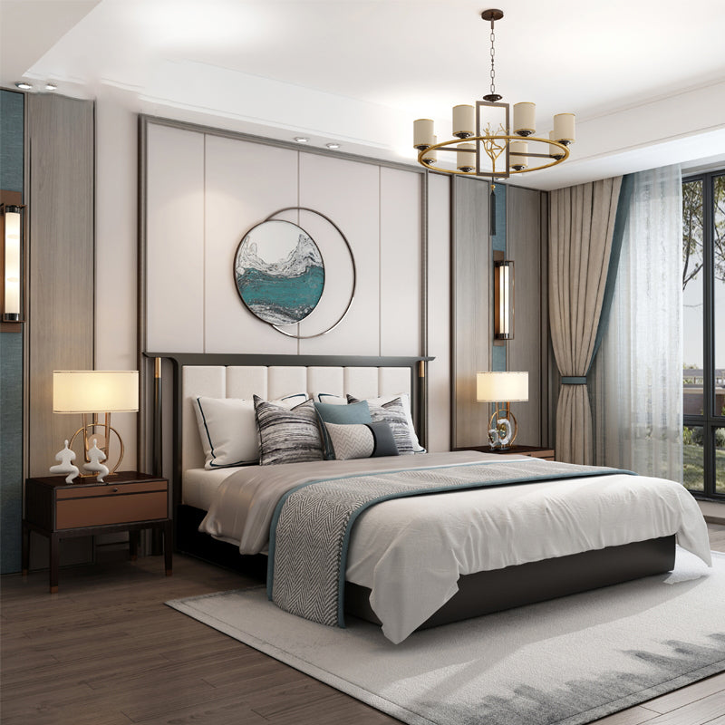 Mid-Century Modern Standard Bed Ash Upholstered Headboard Panel Bed