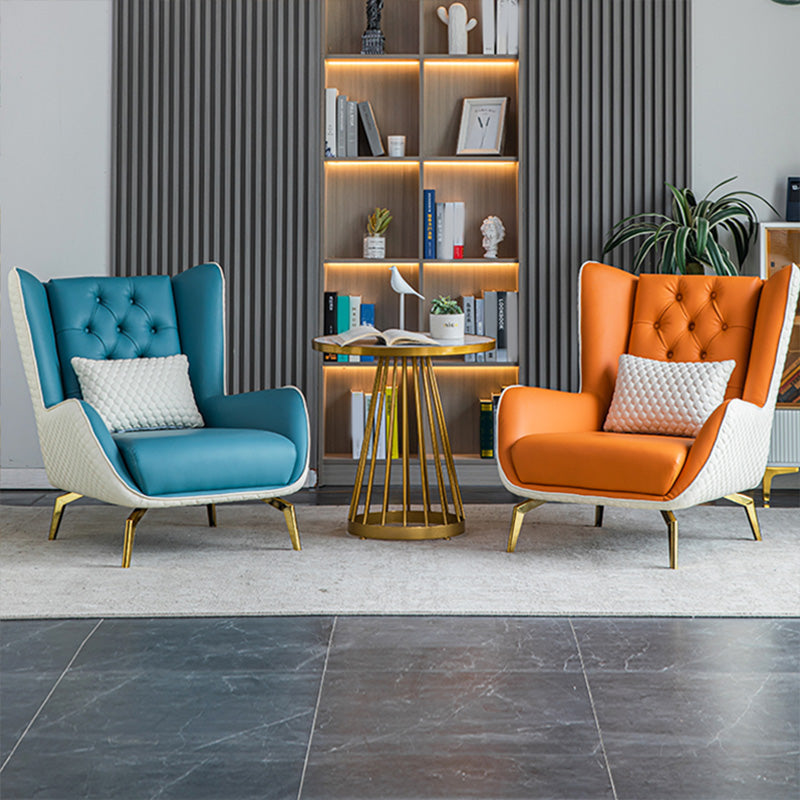 Tufted Back Lounge Chair Leather Ottoman Set with Gold Tone Legs