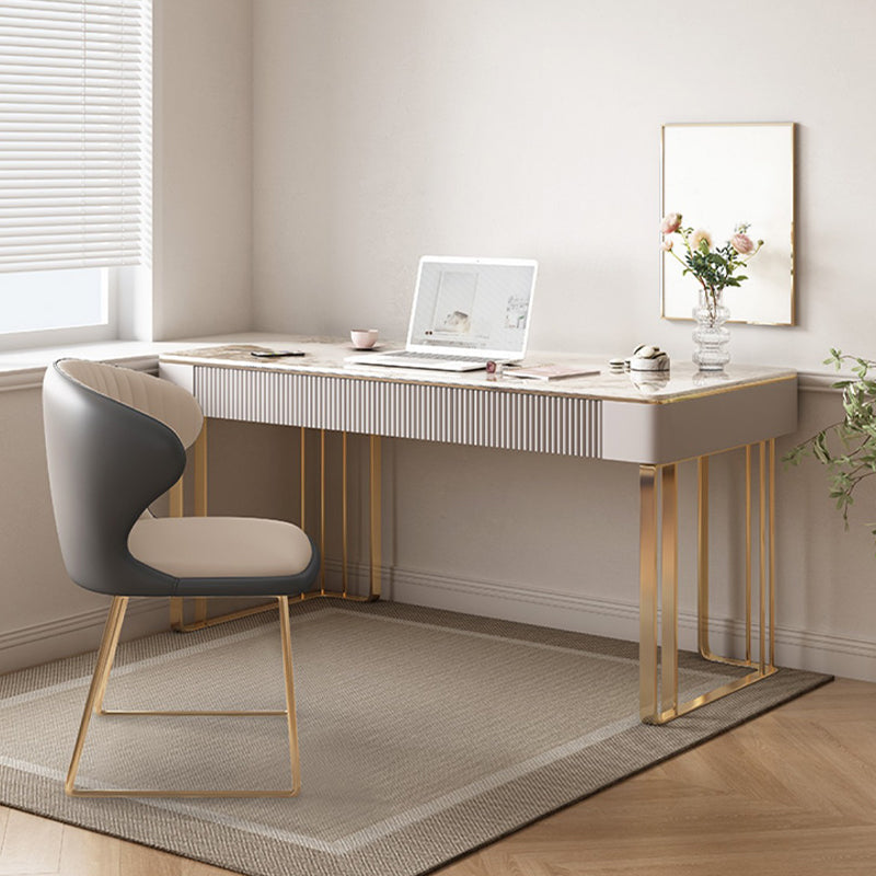 Rectangular Metal Office Desk Glam Style Stone Writing Desk with 3 Drawers 63"L x 27.6"W x 29.5"H Clearhalo 'furn' 'furn_office_desk' 'Furniture' 'Office Desks' 'Office Furniture' 'office_desk' 7456083