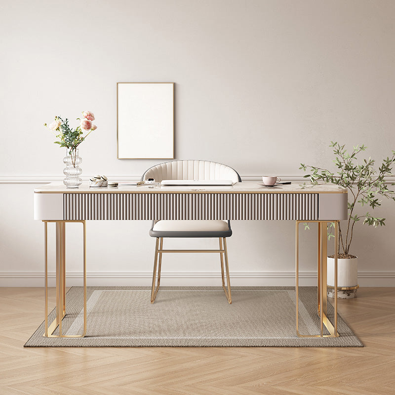 Rectangular Metal Office Desk Glam Style Stone Writing Desk with 3 Drawers 55.1"L x 27.6"W x 29.5"H Clearhalo 'furn' 'furn_office_desk' 'Furniture' 'Office Desks' 'Office Furniture' 'office_desk' 7456085