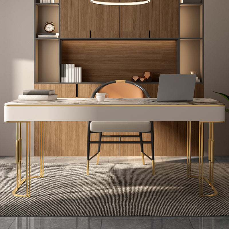 Scrivania di scrittura in pietra glam rettangolare in metallo con 3 cassetti