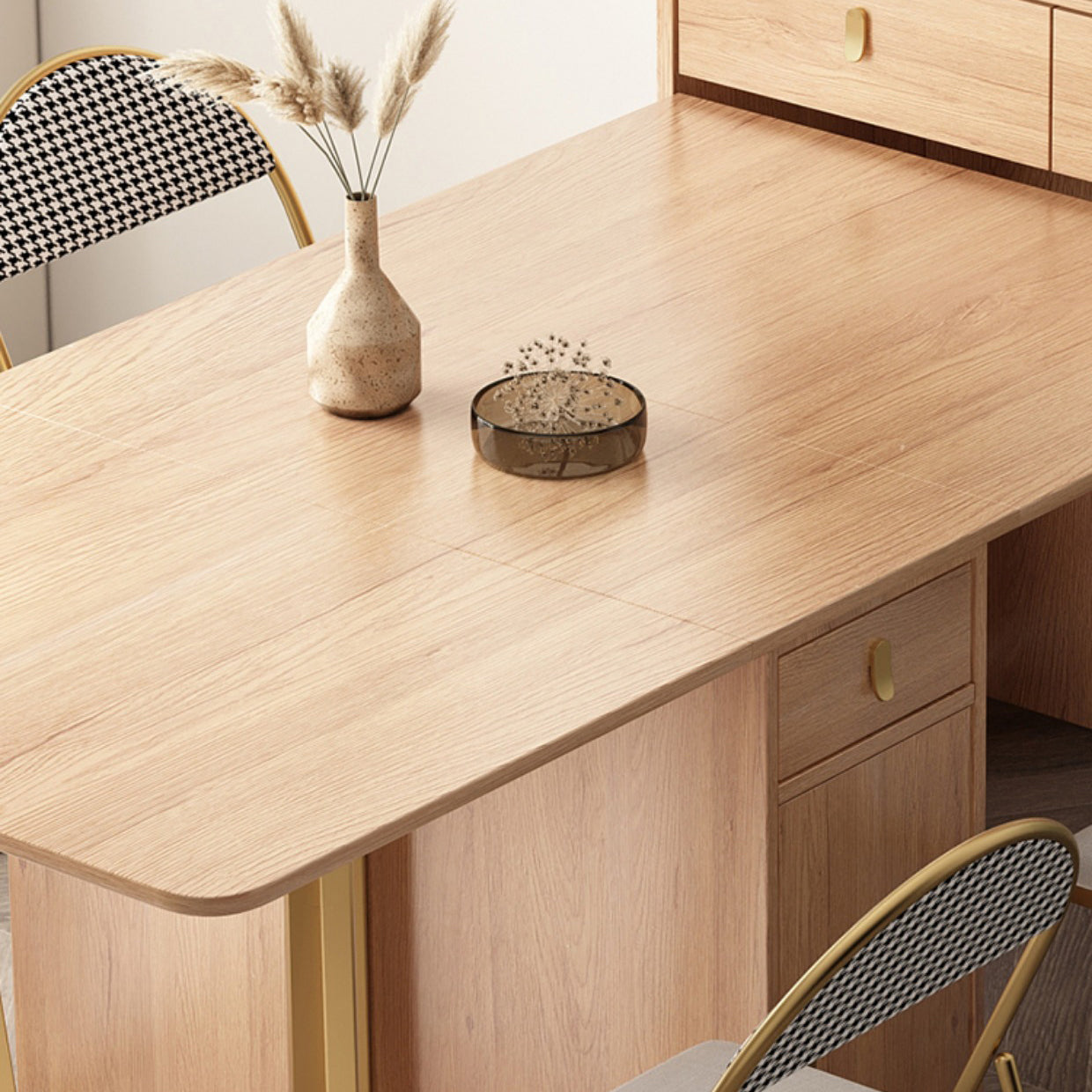Mesa de comedor rectangular de madera natural, mesa plegable con base de almacenamiento