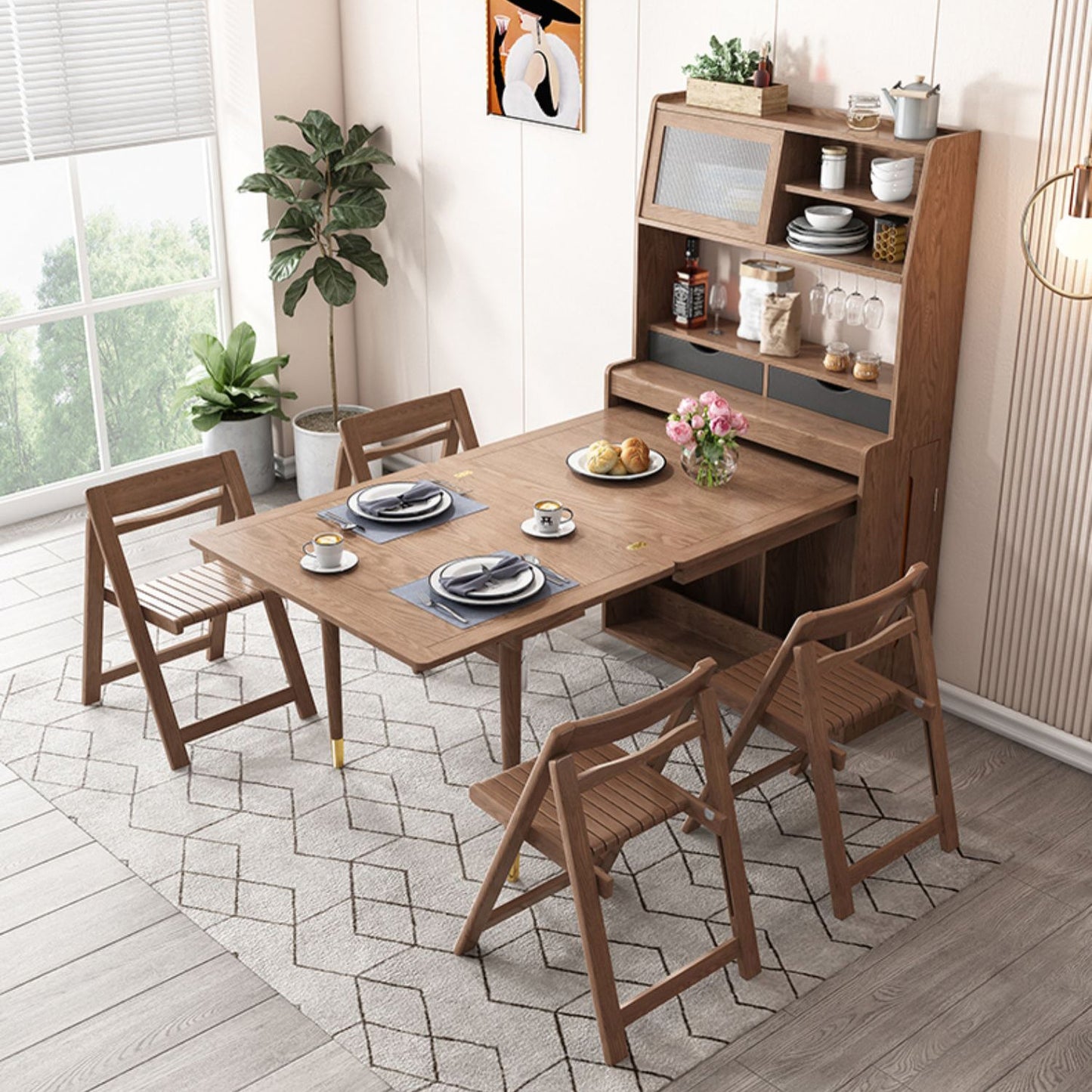 Mesa de comedor con estructura de madera maciza, mesa de comedor plegable rectangular con almacenamiento