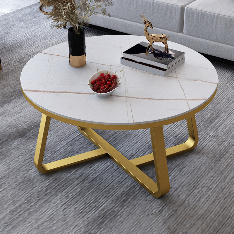 Round Slate Coffee Cocktail Table X-Base Coffee or End Table Gold White Gold Clearhalo 'Coffee & Accent Tables' 'Coffee Tables' 'coffee_tables' 'furn' 'furn_coffee_tables' 'Furniture' 'Living Room Furniture' 7475547