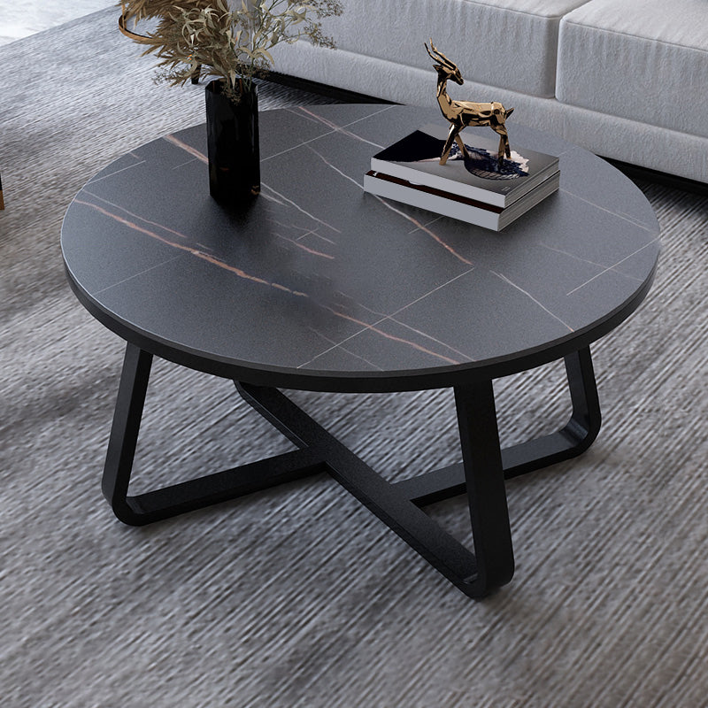 Round Slate Coffee Cocktail Table X-Base Coffee or End Table Black Black Clearhalo 'Coffee & Accent Tables' 'Coffee Tables' 'coffee_tables' 'furn' 'furn_coffee_tables' 'Furniture' 'Living Room Furniture' 7475555
