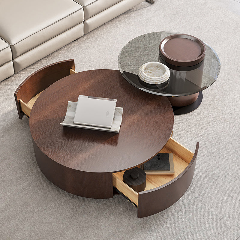 Round Coffee Table Modern Pedestal Nesting Coffee Table Set with 2 Drawers