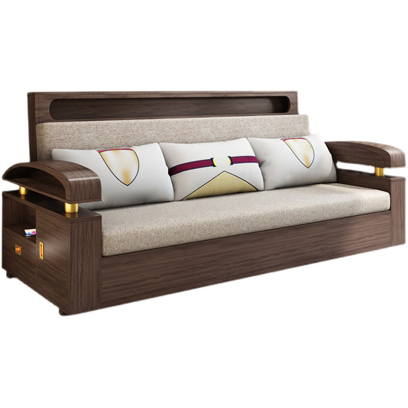 Glam Convertible Sofas Solid Wood Foldable Sleeper Sofa with Storage Nut-Brown Clearhalo 'furn' 'furn_futons' 'Furniture' 'Futons & Daybeds' 'Futons' 'Living Room Furniture' 7476055