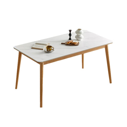 Moderne massief houten poten eettafel met rechthoekig stenen blad