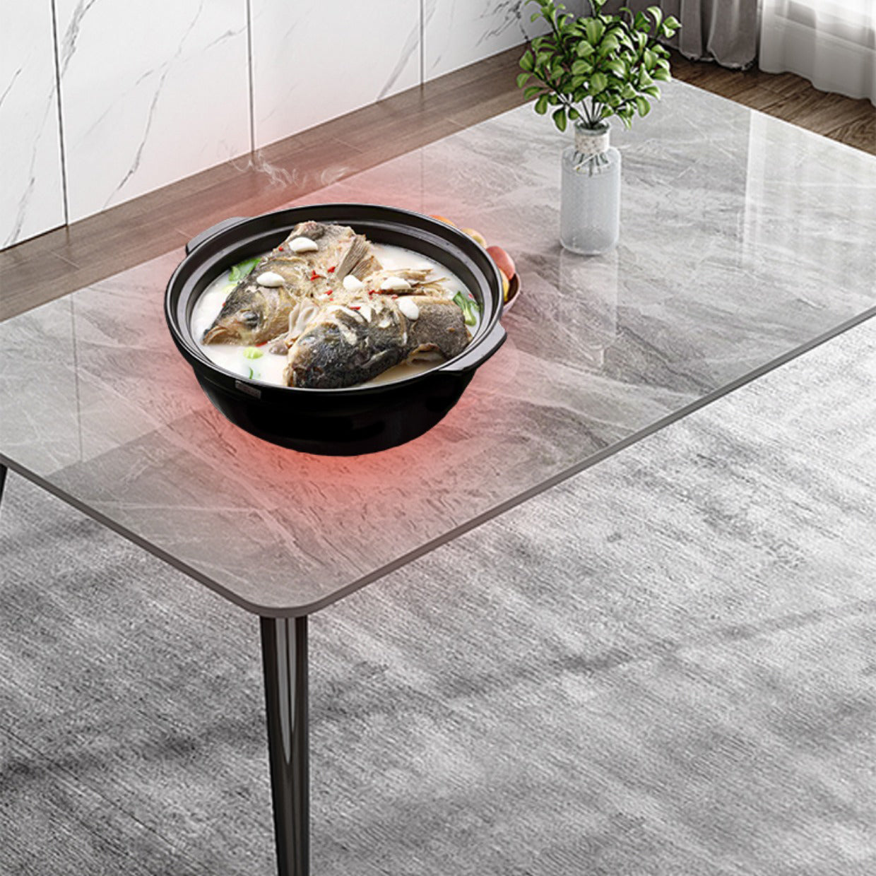 Mesa de comedor de metal con 4 patas, mesa de comedor rectangular con tapa de piedra para comedor