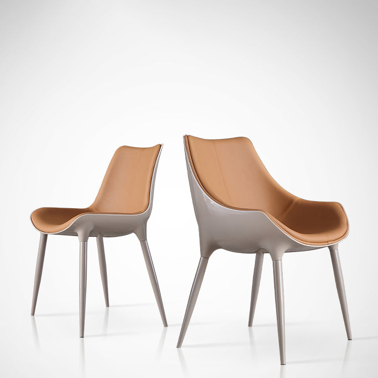 Noordse armloze rugleun lederen stoel met metalen benen voor eetkamer