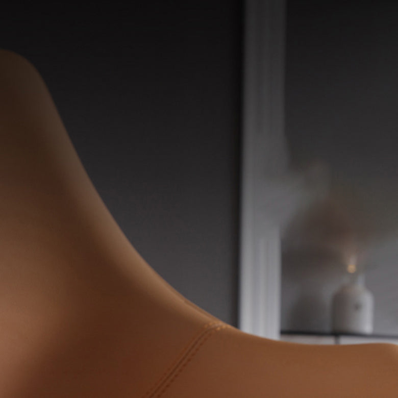 Noordse armloze rugleun lederen stoel met metalen benen voor eetkamer