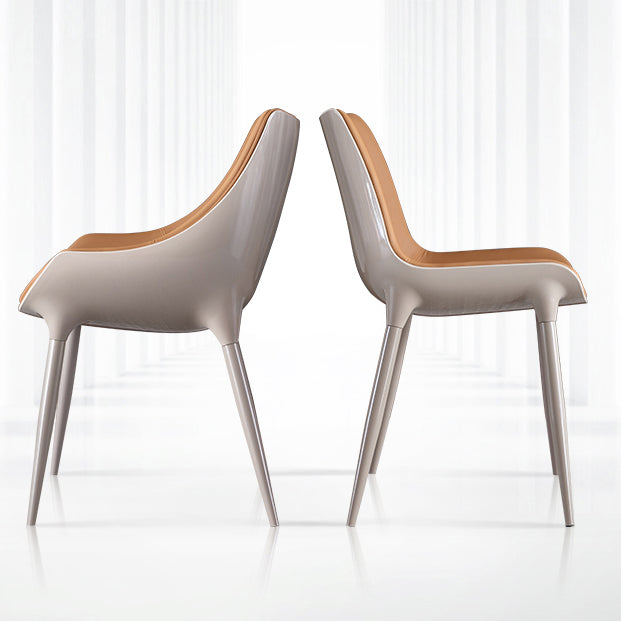 Noordse armloze rugleun lederen stoel met metalen benen voor eetkamer