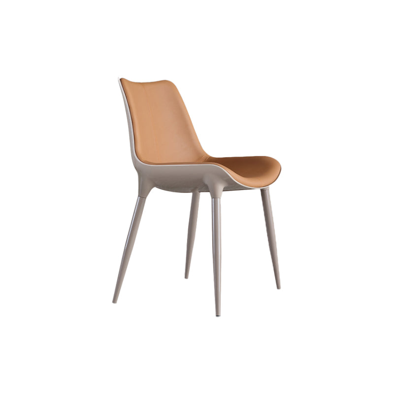 Noordse armloze rugleun lederen stoel met metalen benen voor eetkamer