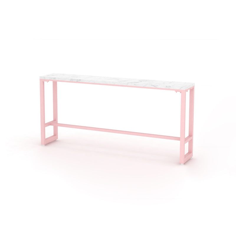 Glam Rectangle Bar Stool Table White Top Pub Table with Pink Base 86.6"L x 15.7"W x 41.3"H Faux Marble Without Chairs Clearhalo 'Bar Furniture' 'Bar Tables' 'bar_tables' 'furn' 'furn_bar_tables' 'Furniture' 'Kitchen & Dining Furniture' 7477945