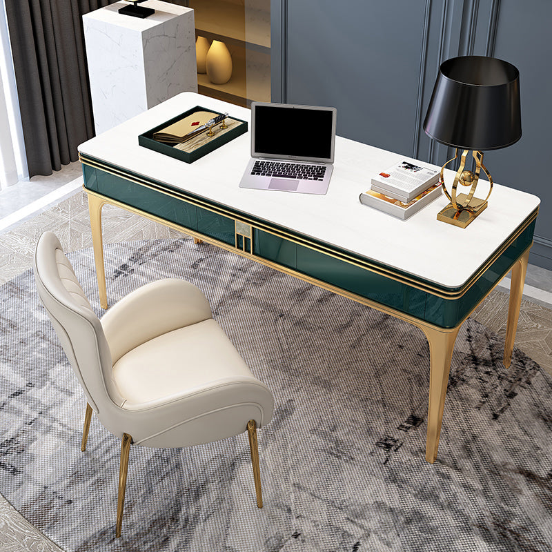 Bureau de bureau en bois contemporain Bureau de tâche de forme rectangulaire avec 4 jambes en vert et or