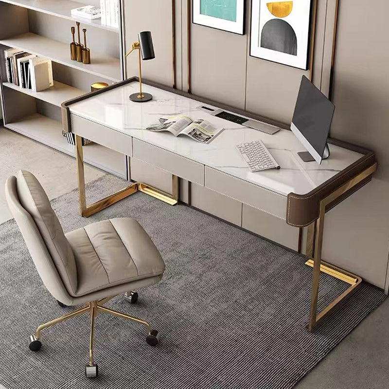 Rectangle Stone Top Bureau bureau Glam Style Writing Bureau avec base en métal pour le bureau