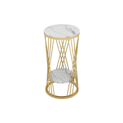 Glam Marble Round Side Table Dia 11.8" Metal Frame End Table with Storage Shelf 12"L x 12"W x 27.5"H Gold 1 Clearhalo 'Coffee & Accent Tables' 'End & Side Tables' 'end_side_tables' 'furn' 'furn_end_side_tables' 'Furniture' 'Living Room Furniture' 7488947