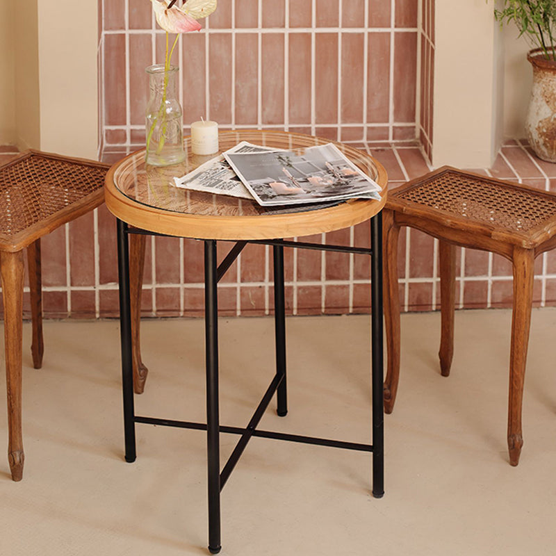 Dia 19.7" Cross Legs End Table Distressed Wood Side Table with Engraved Design Distressed Wood 1 Clearhalo 'Coffee & Accent Tables' 'End & Side Tables' 'end_side_tables' 'furn' 'furn_end_side_tables' 'Furniture' 'Living Room Furniture' 7488966