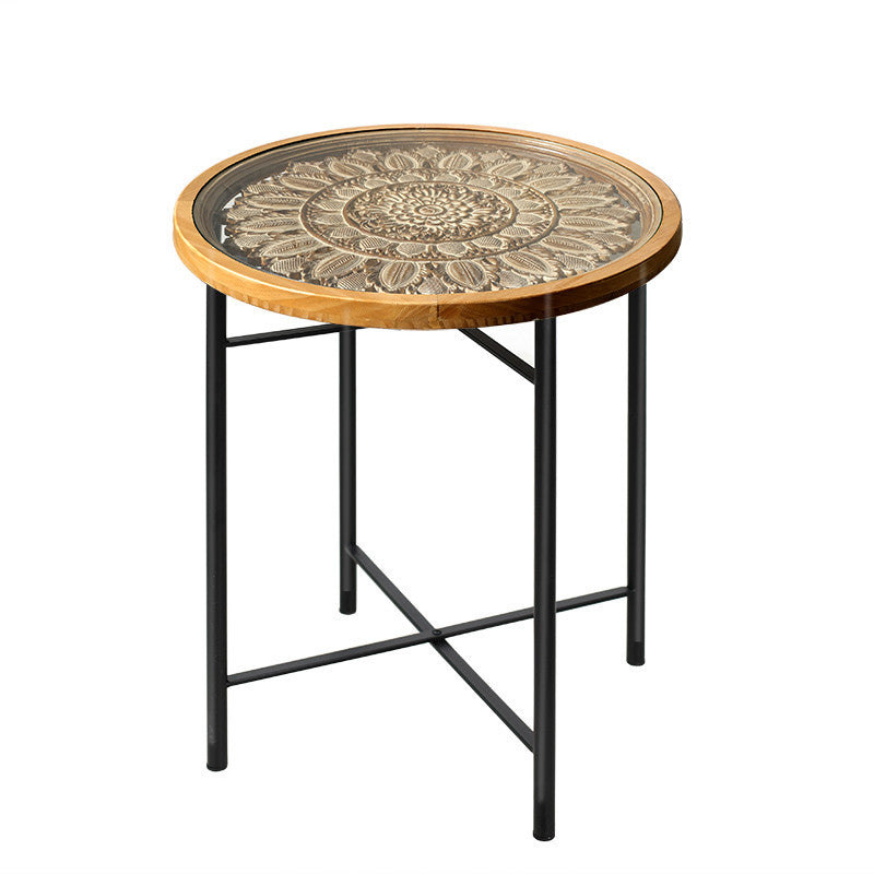 Dia 19.7" Cross Legs End Table Distressed Wood Side Table with Engraved Design Clearhalo 'Coffee & Accent Tables' 'End & Side Tables' 'end_side_tables' 'furn' 'furn_end_side_tables' 'Furniture' 'Living Room Furniture' 7488970