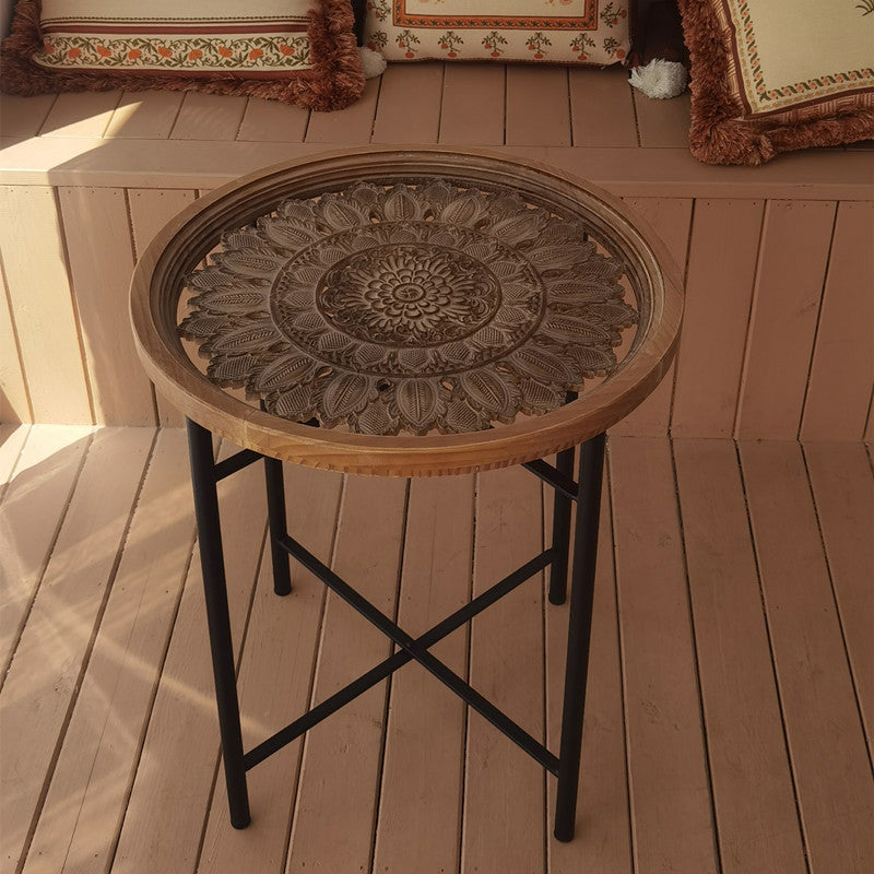 Dia 19.7" Cross Legs End Table Distressed Wood Side Table with Engraved Design Clearhalo 'Coffee & Accent Tables' 'End & Side Tables' 'end_side_tables' 'furn' 'furn_end_side_tables' 'Furniture' 'Living Room Furniture' 7488975